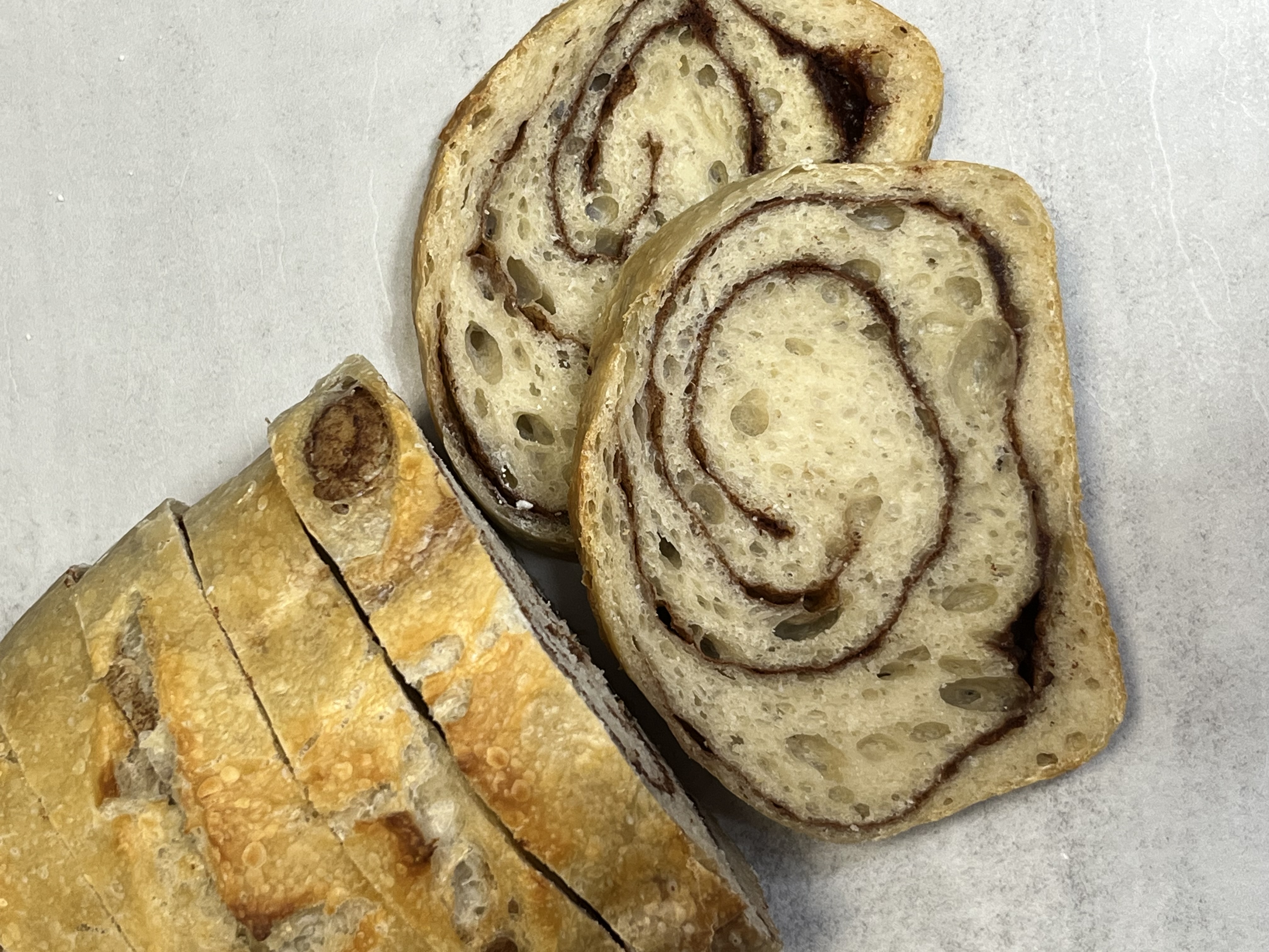 Cinnamon swirl sourdough loaf slices