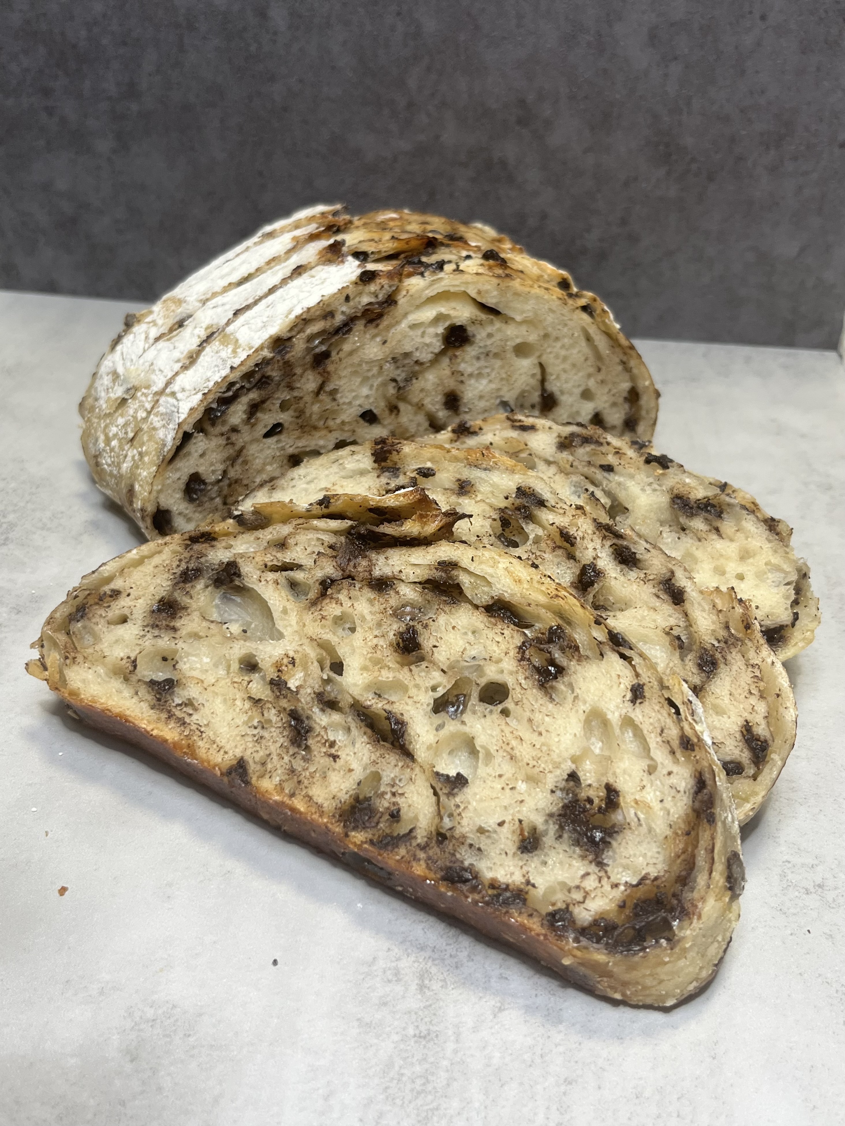 Chocolate chip sourdough loaf slices
